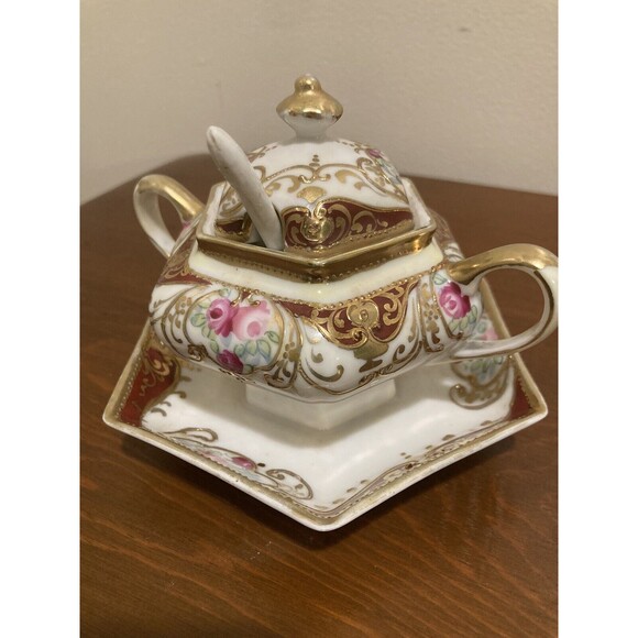Antique Nippon c1911 Floral Sugar Bowl W/ Lid & Spoon Attached Plate Gold Accent - Picture 3 of 14